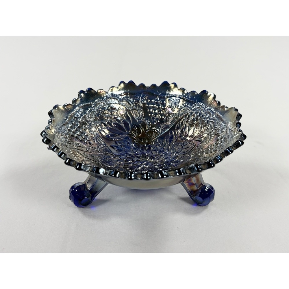 Fenton Lotus and Grape Cobalt Blue Carnival Glass 6" Sawtooth Edge Footed Bowl